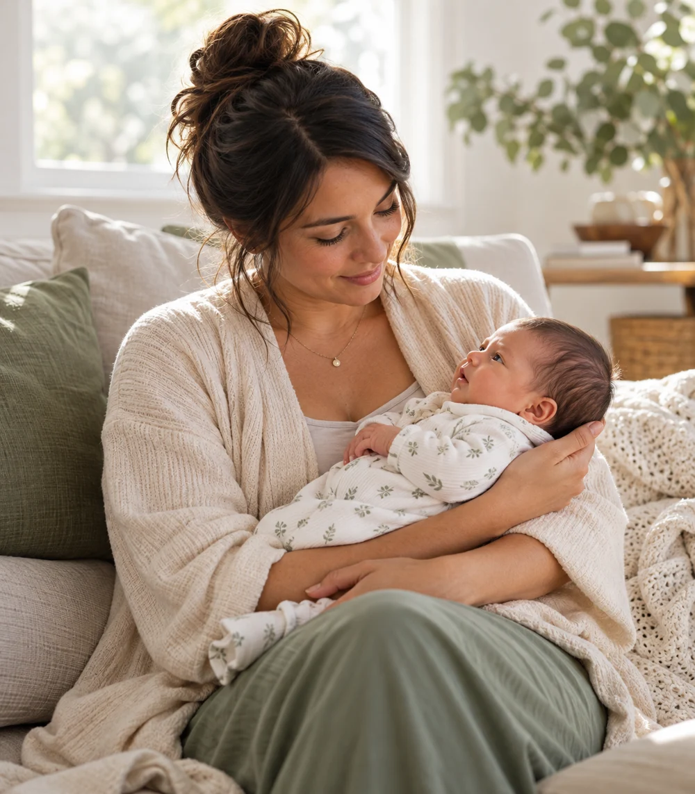 AI-generated illustrative scene of a caregiver holding a newborn in a sunlit home